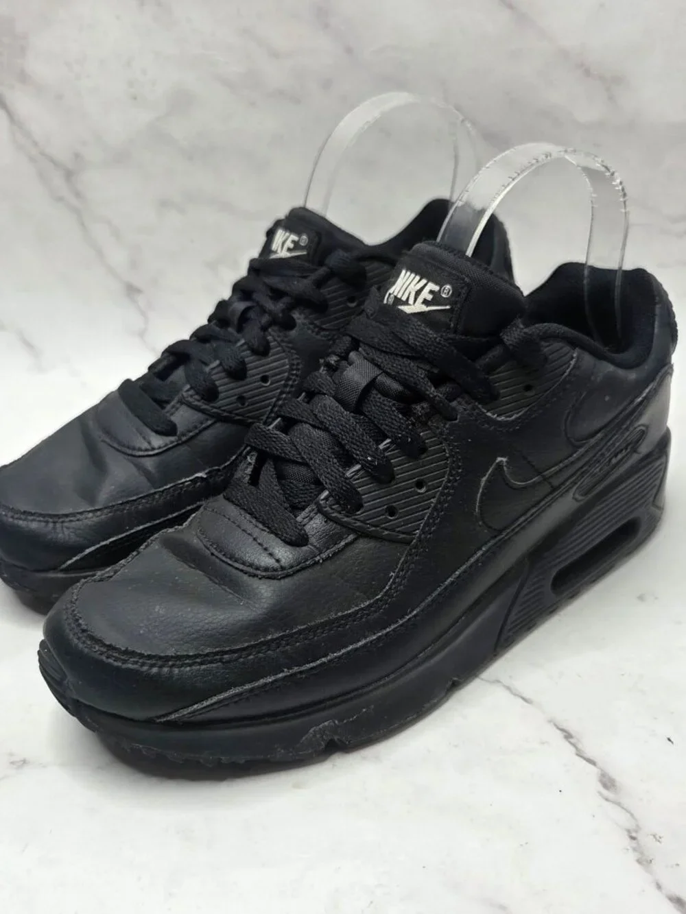 Nike Air Max 90 Triple Black GS Leather Shoes Sneakers CD6864-001 Youth 6.5